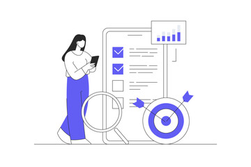 Poster - Strategic planning concept. Woman analyzes business processes, plans tasks in list, targeting and achieving goals. Flat Cartoon Vector Illustration, icon. Stylish abstract design landing page