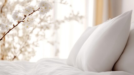 Aufkleber - Serene bedroom scene featuring white bedding, pillows, and a delicate branch of blossoming cherry flowers near a bright window. : Generative AI