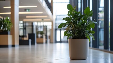 Poster - A vibrant green plant in a beige pot sits on a polished floor of a modern building's lobby, with blurred background of glass windows and interior design. : Generative AI