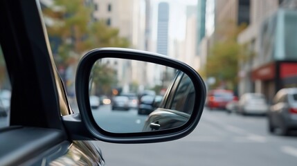 Poster - A close-up view of a car's side mirror reflecting a blurred city street scene with tall buildings and traffic, conveying a sense of urban motion and daily commute. : Generative AI