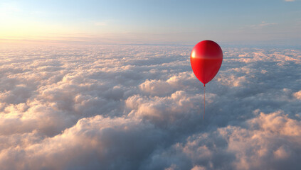Poster - Single red balloon floats gently above a vast expanse of fluffy clouds, bathed in the warm glow of a sunset sky.