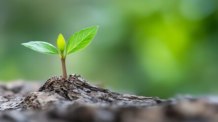 Poster - A tiny sprout emerges from aged bark, its vibrant green leaves reaching towards a soft, blurred green background, symbolizing new life and growth. : Generative AI