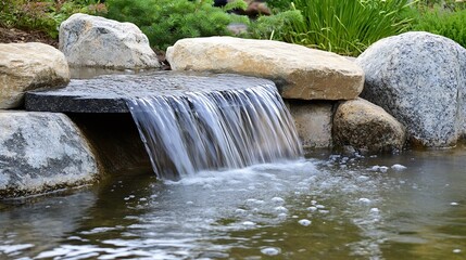 Aufkleber - Serene waterfall cascading over dark stone into a tranquil pond, surrounded by natural rocks and lush greenery, creating a peaceful zen garden atmosphere. : Generative AI
