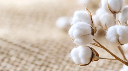 Aufkleber - Close-up of delicate cotton blossoms on a beige burlap background, showcasing fluffy white bolls and dried brown stems.  Soft, natural lighting enhances the texture and subtle details. : Generative AI