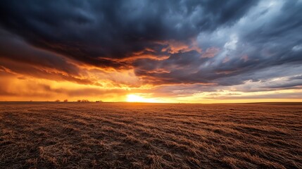 Poster - Dramatic sunset over a vast, flat field of dry, brown grass under a sky filled with dark, stormy clouds and vibrant orange hues. : Generative AI
