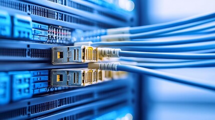 Fototapete - Close-up view of fiber optic cables connected to a network server, showcasing the intricate details of data transfer technology. : Generative AI
