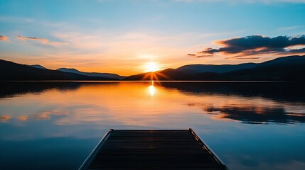 Poster - Serene sunset over a calm lake, reflecting the vibrant colors of the sky, with a wooden dock extending into the tranquil water, mountains in the background. : Generative AI
