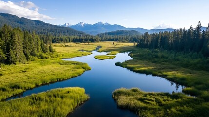 Poster - Serene mountain lake nestled in a lush green valley, surrounded by towering evergreen trees and snow-capped peaks under a clear blue sky. : Generative AI