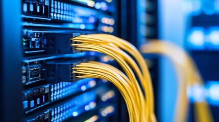 Poster - Close-up view of yellow fiber optic cables plugged into a server rack, showcasing intricate network connections and data transfer technology. : Generative AI