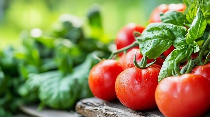 Aufkleber - Close-up of ripe red tomatoes on the vine with fresh basil leaves, showcasing their vibrant color and juicy texture.  A rustic wooden surface provides a natural backdrop. : Generative AI