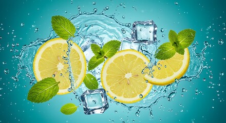 Poster - Fresh mint leaves and lemon slices floating among crushed ice, with sparkling water droplets splashing dynamically against a smooth teal and blue gradient. High detail, summer vibes, ultra-realistic