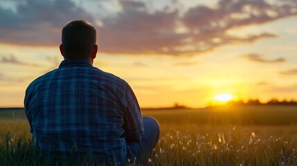 Poster - Man sits in a grassy field, watching a vibrant sunset.  Golden hour light bathes the landscape, creating a serene and peaceful atmosphere. : Generative AI