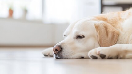 Poster - A weary golden retriever rests its head on a light wood floor, its creamy fur contrasting with the pale background.  The dog's gentle expression conveys a sense of calm and peaceful re : Generative AI