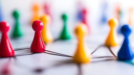 Fototapete - Colorful game pieces interconnected, representing network, strategy, or teamwork.  A red piece stands out, symbolizing leadership or a key connection. : Generative AI
