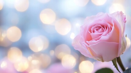 Poster - Close-up of a delicate pink rose, softly illuminated against a bokeh background of pastel blue and gold lights, creating a romantic and dreamy atmosphere. : Generative AI