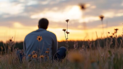 Poster - Silhouette of a man sitting in a field of wildflowers at sunset, contemplating the golden hour sky.  A peaceful and serene scene. : Generative AI