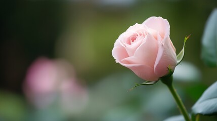 Aufkleber - A single, delicate pink rosebud gently unfolds, showcasing its soft petals and subtle fragrance against a blurred green garden backdrop. : Generative AI