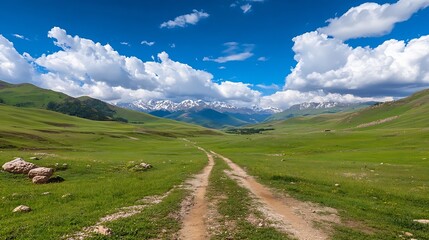 Poster - A scenic dirt road winds through a vibrant green valley, leading towards a majestic snow-capped mountain range under a bright, partly cloudy sky. : Generative AI