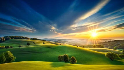 Wall Mural - serene sunrise over rolling green hills and majestic trees