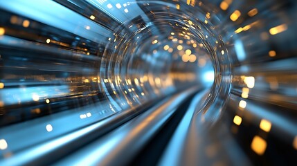 Fototapete - Abstract digital tunnel with glowing lights, futuristic technology concept, high speed motion blur, blue and gold color scheme, sleek metallic surface, dynamic energy, vibrant illumina : Generative AI