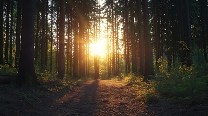 Leinwandbilder - Sunlit path through a dense forest at sunset, golden hour light filtering through tall trees, creating a magical atmosphere. : Generative AI