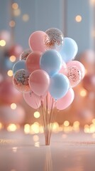 Poster - A cluster of pastel pink and blue balloons, adorned with delicate gold confetti, sits on a reflective surface against a soft, blurred background of warm lights.