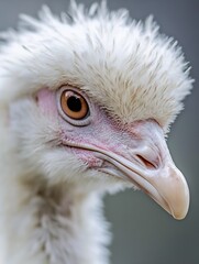 Poster - Close-up portrait of a young, white vulture, showcasing its soft downy feathers and intense amber eye.  The bird's beak is pale, and its overall appearance is one of gentle curiosity. : Generative AI