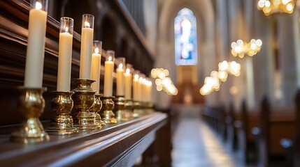Poster - A row of lit candles in brass candle holders sits on a dark wooden surface inside a church, with blurred pews and stained glass window in the background. : Generative AI