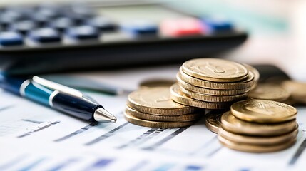 Leinwandbilder - Close-up of gold coins stacked on financial documents, with a pen and calculator in the blurry background, suggesting concepts of finance, investment, and wealth. : Generative AI