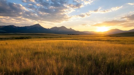 Poster - Golden hour sunset over vast prairie landscape, silhouetted mountains in the distance, tall grass field bathed in warm light, peaceful serene nature scene. : Generative AI