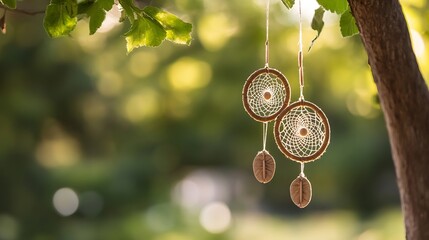 Fototapete - Two dream catchers hang gently from a tree branch, bathed in soft sunlight filtering through green leaves, creating a serene and peaceful atmosphere. : Generative AI
