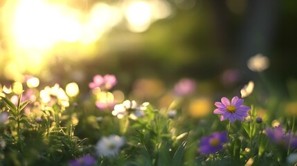 Aufkleber - A single purple flower blossoms in a field of wildflowers bathed in the golden light of sunset, creating a serene and peaceful atmosphere. : Generative AI