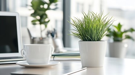 Poster - Modern office workspace with a cup of coffee, laptop, and a small potted plant on a light wooden desk near a window. : Generative AI