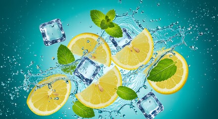 Poster - Fresh mint leaves and lemon slices floating among crushed ice, with sparkling water droplets splashing dynamically against a smooth teal and blue gradient. High detail, summer vibes, ultra-realistic