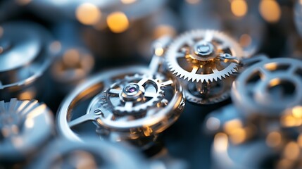 Leinwandbilder - Close-up view of intricate metallic gears, showcasing precision engineering and complex mechanics.  The image highlights the detailed craftsmanship and interconnectivity of the clockwo : Generative AI