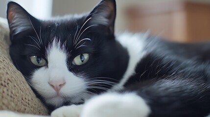 Poster - Close-up portrait of a tuxedo cat resting peacefully on a beige fabric surface, showcasing its striking black and white fur, captivating green eyes, and delicate whiskers. : Generative AI