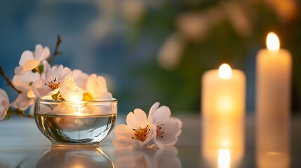 Aufkleber - Serene spa setting with blooming almond blossoms, floating candle in aromatherapy oil, and softly lit candles creating a tranquil atmosphere. : Generative AI