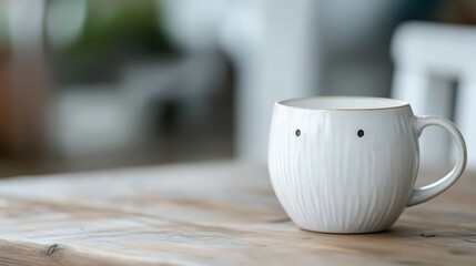 Poster - A white ceramic mug with subtle vertical lines and two small black dots sits on a light brown wooden table, creating a minimalist and calming scene. : Generative AI