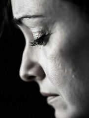Poster - Close-up monochrome portrait of a woman's face, showcasing detailed skin texture and expressive eyes, conveying a sense of sadness or contemplation. : Generative AI