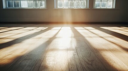 Poster - Sunlight streams through large windows, casting long shadows across a light oak wood floor in a minimalist room, creating a warm and inviting atmosphere. : Generative AI