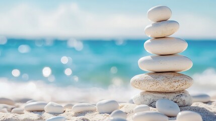 Leinwandbilder - Serene Stack of White Stones on Sandy Beach with Calm Ocean Background, Evoking Tranquility and Balance. : Generative AI