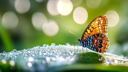 Aufkleber - A vibrant butterfly with orange and blue wings rests on a dew-covered leaf, bathed in soft morning sunlight, creating a serene nature scene. : Generative AI