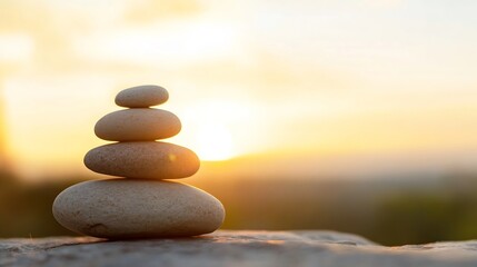 Aufkleber - Serene sunset scene featuring a balanced stack of smooth, grey stones, symbolizing peace, tranquility, and mindfulness against a warm, golden sky. : Generative AI
