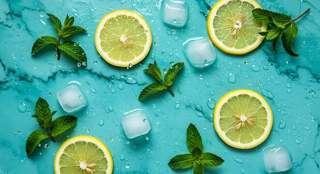 Fresh mint leaves and lemon slices floating among crushed ice, with sparkling water droplets splashing dynamically against a smooth teal and blue gradient. High detail, summer vibes, ultra-realistic