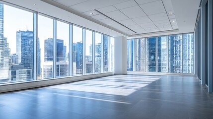 Poster - Empty modern office space with panoramic city view, featuring large windows and sleek grey flooring, bathed in natural sunlight. : Generative AI