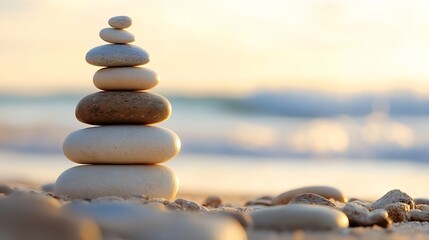 Poster - Serene Stack of Beach Stones at Sunset, Balanced Rocks on Sandy Shore, Tranquil Ocean Background : Generative AI