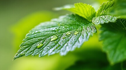 Fototapete - Close-up of a vibrant green leaf glistening with morning dew, showcasing intricate leaf texture and water droplets. : Generative AI