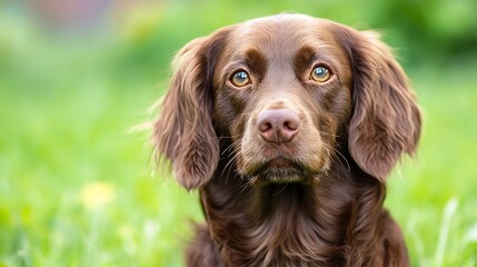 Poster - Close-up portrait of a brown dog with expressive eyes, sitting in vibrant green grass. The dog's fur is soft and wavy, its gaze is direct and engaging. : Generative AI