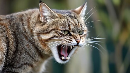 Aufkleber - Close-up of an aggressive tabby cat with bared teeth, showing its sharp fangs and intense green eyes. The cat's fur is a mix of brown, gray, and black, and its whiskers are prominent. : Generative AI