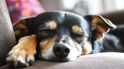 Poster - A small, black and tan dog peacefully sleeps on a brown couch, its eyes closed and paws resting gently. The dog's fur is soft and its expression serene. : Generative AI